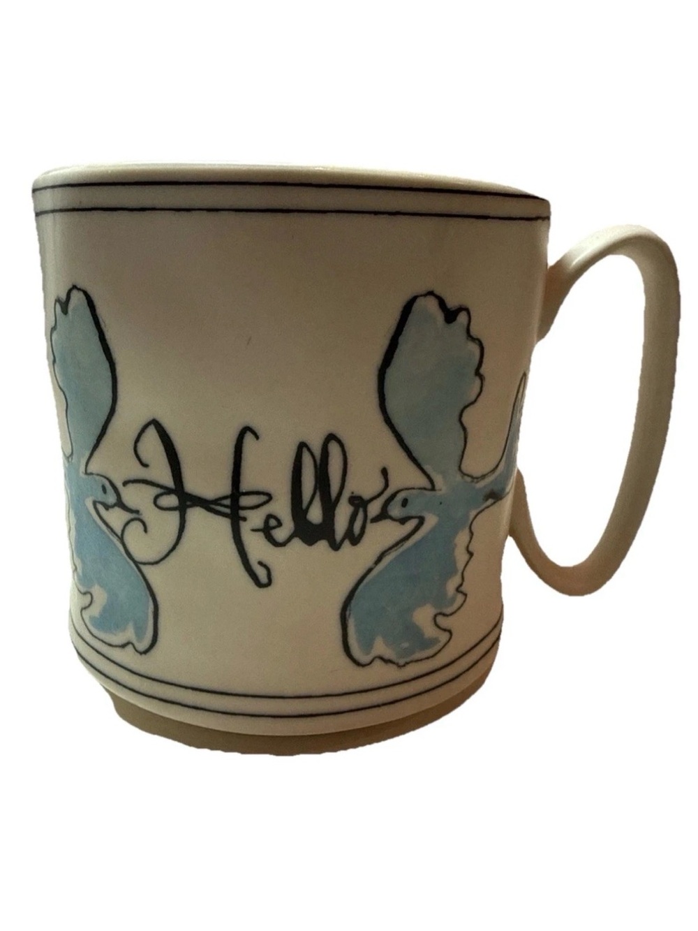 Anthropologie Sketchbook Hello Day Coffee Mug Cream color Blue birds. Pre-owned
